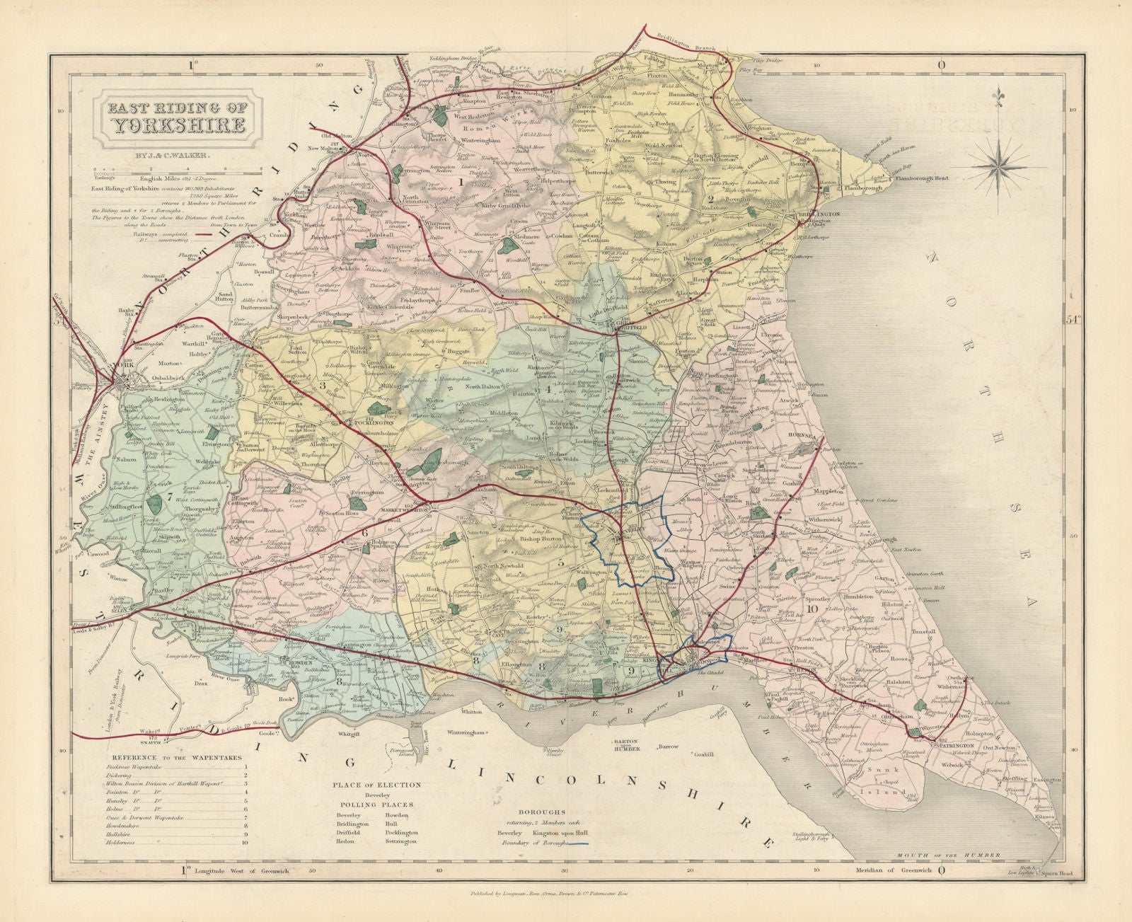 East Riding of Yorkshire antique county map by J & C Walker. Railways 1870